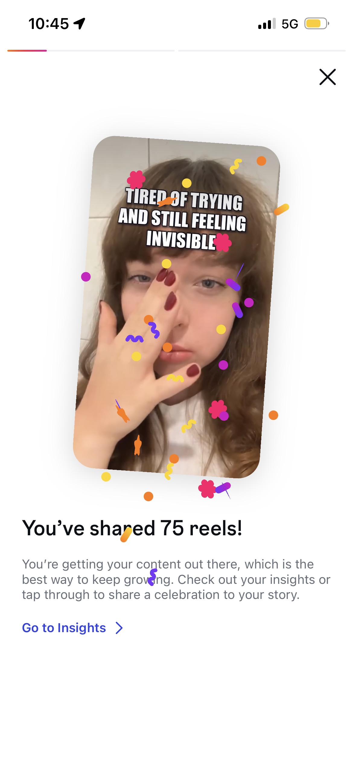 Instagram recap showing that 75 reels were shared