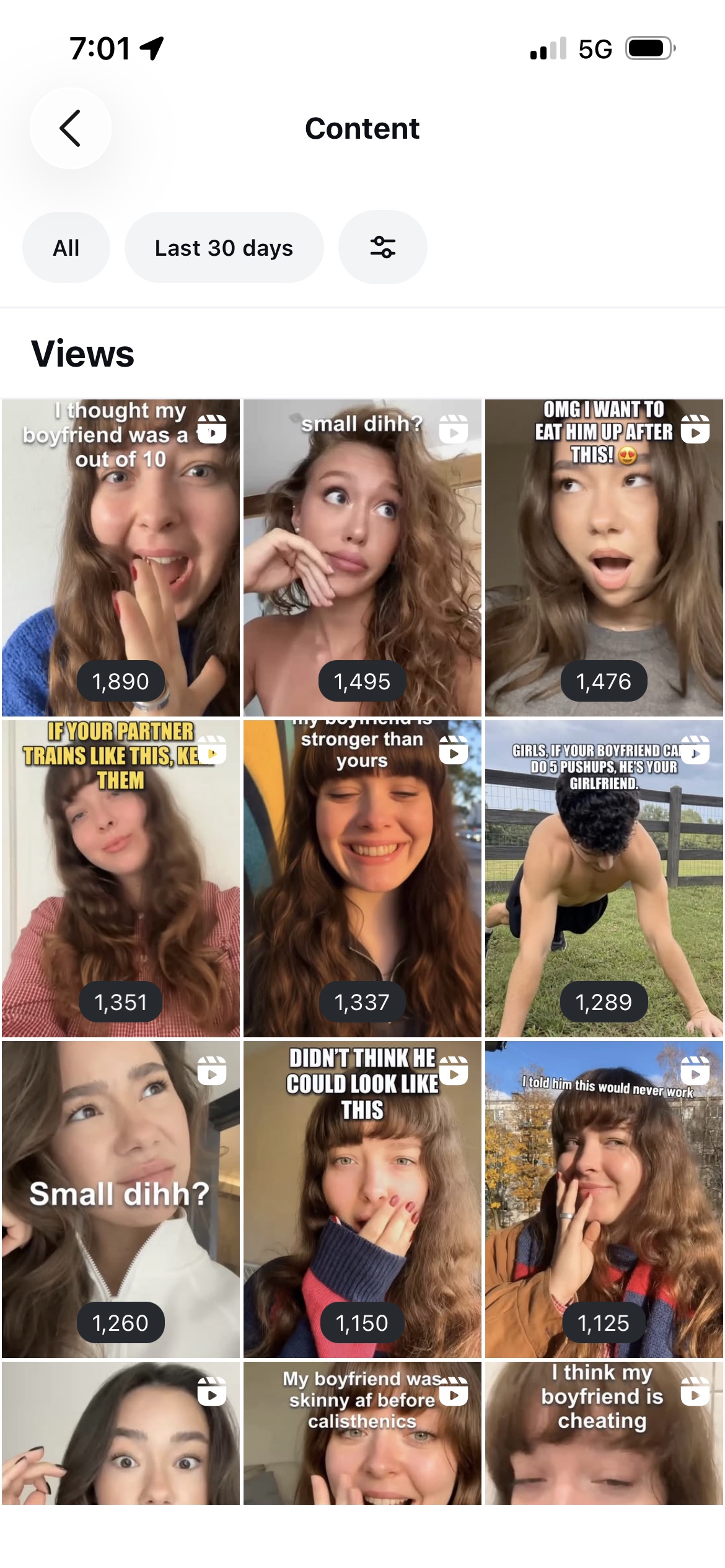 Instagram content grid showing top-performing reels with views from 1,125 to 1,890